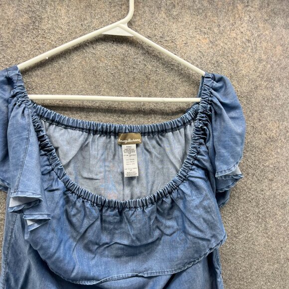 Tommy Bahama Dress Women Small Blue Chambray Tencel Ruffle Off Shoulder Casual - Picture 10 of 12